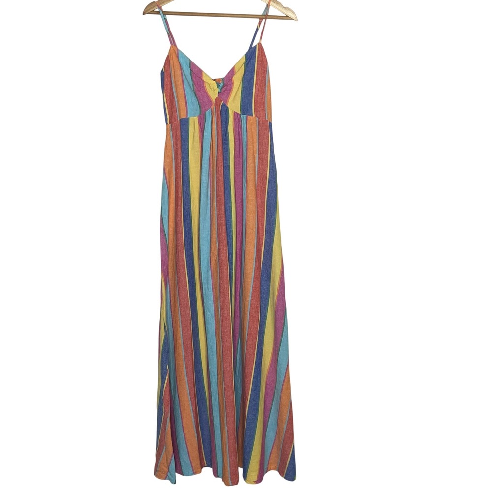 Show Me Your Mumu Rainbow Stripe Maxi Dress Medium Multi Color Smocked Back